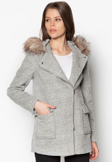 Faux Fur Trim Hooded Biker Duffle Coat