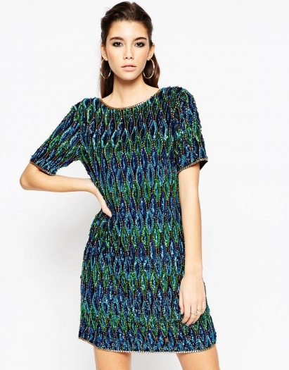 NIGHT All Over Embellished Peacock Shift Dress