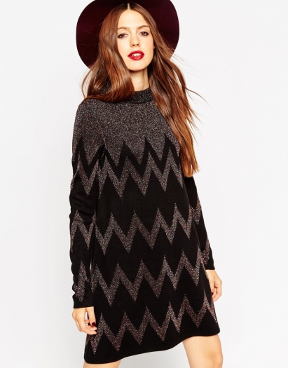 Swing Dress In Metallic Chevron Stripe